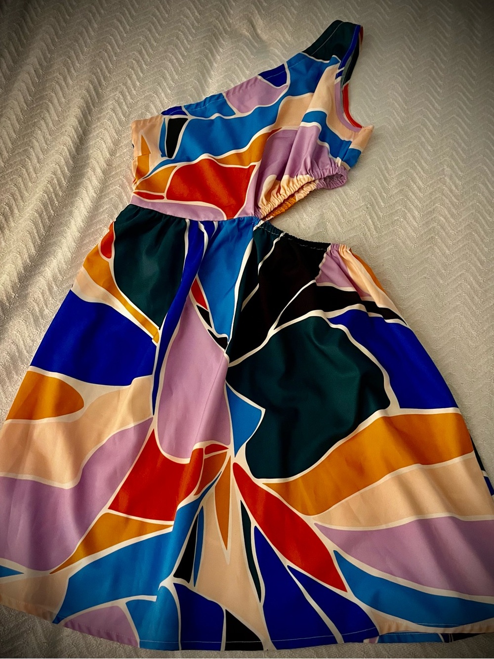 One-Shoulder Multicolor Abstract Print Dress